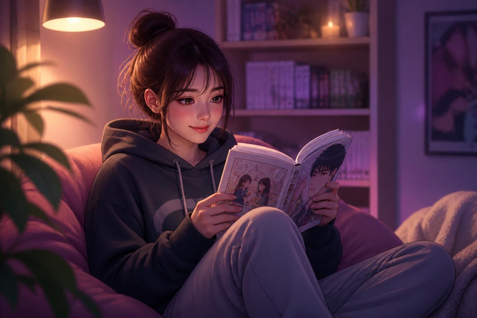 Ilustrasi penggemar membaca manhwa doujin di platform digital berbahasa Indonesia